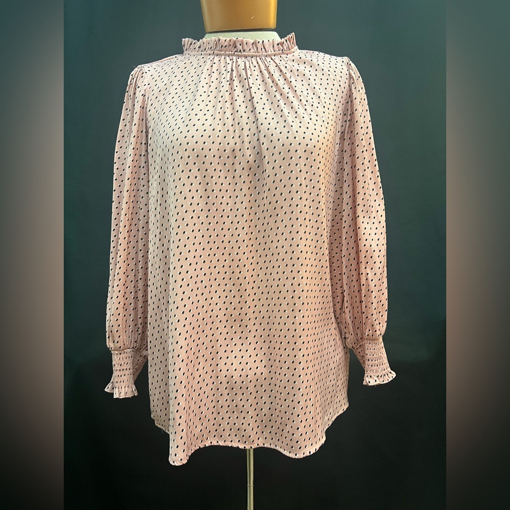 High neck pink with black and white polkadot blouse - size large
